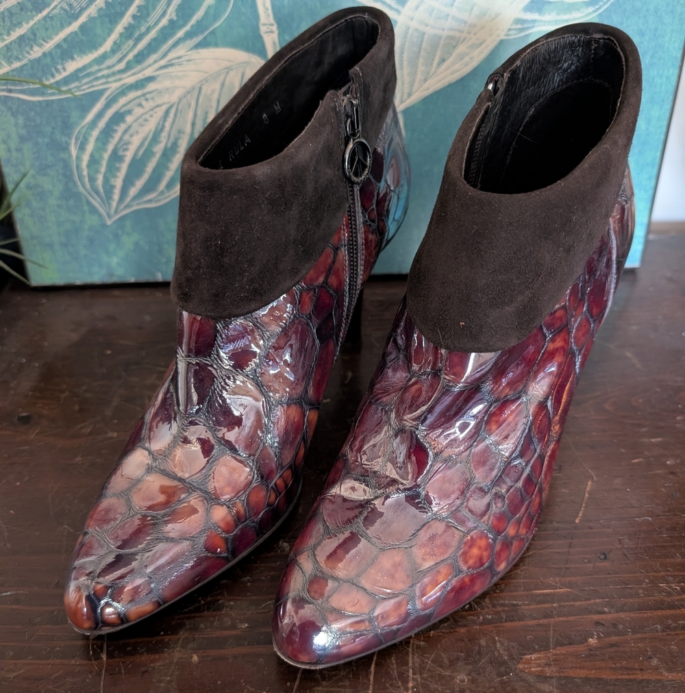 Donald J. Pliner Burgundy Croc-Embossed Patent & Black Suede Ankle Booties